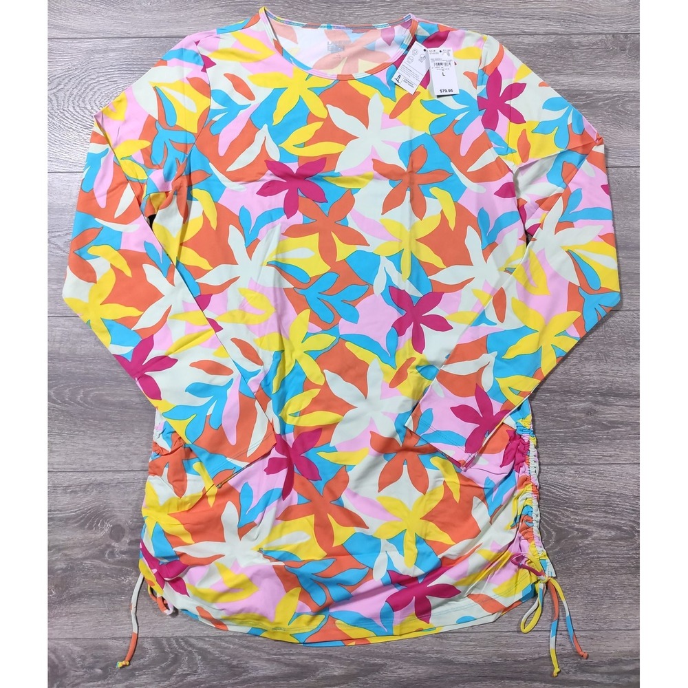 Lands End Swim Shirt Large Cover Up Crew Neck Rash Guard Long Multicolor Floral